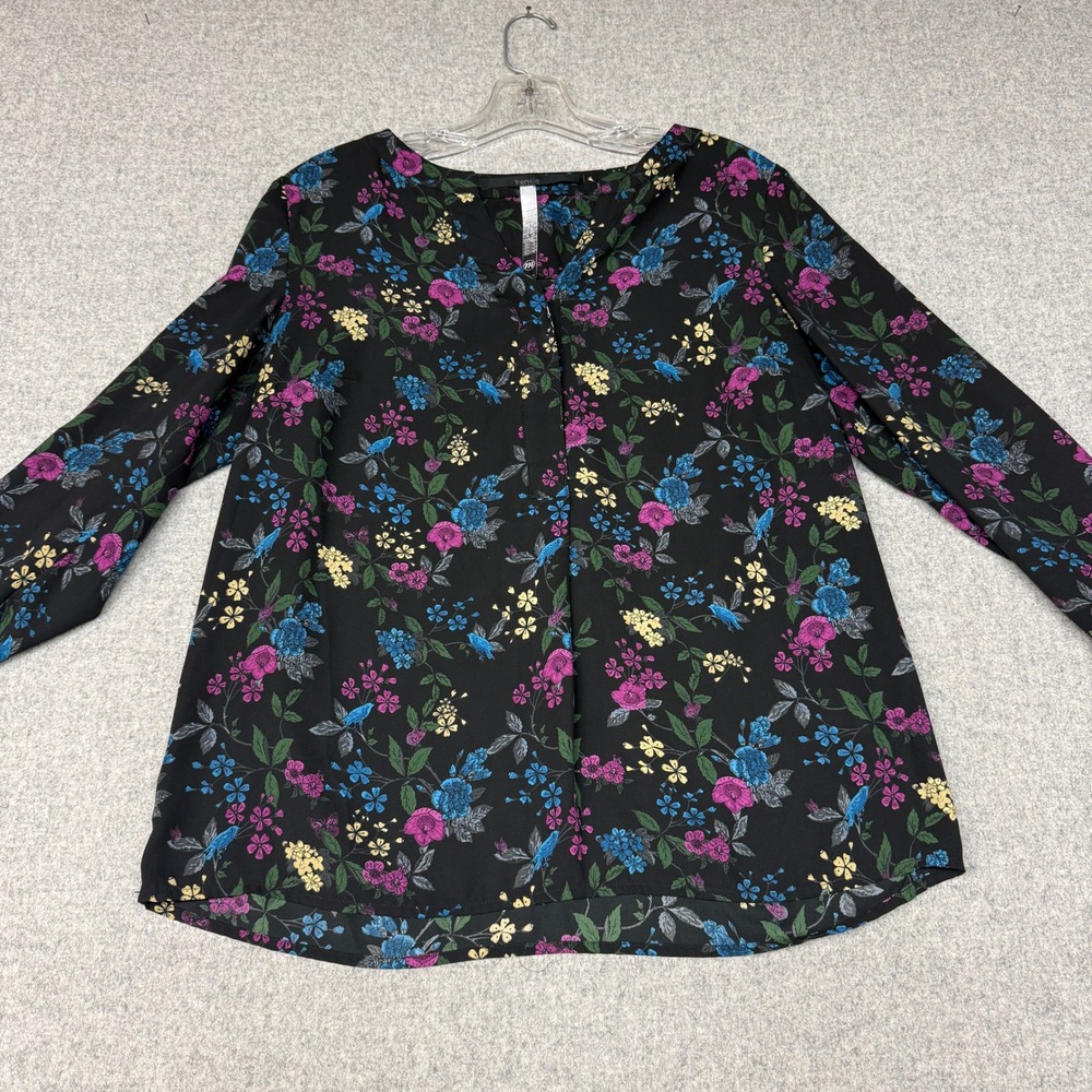 Kensie Floral Blouse Medium Black Pink Blue Bird Print Long Sleeve Split Neck To